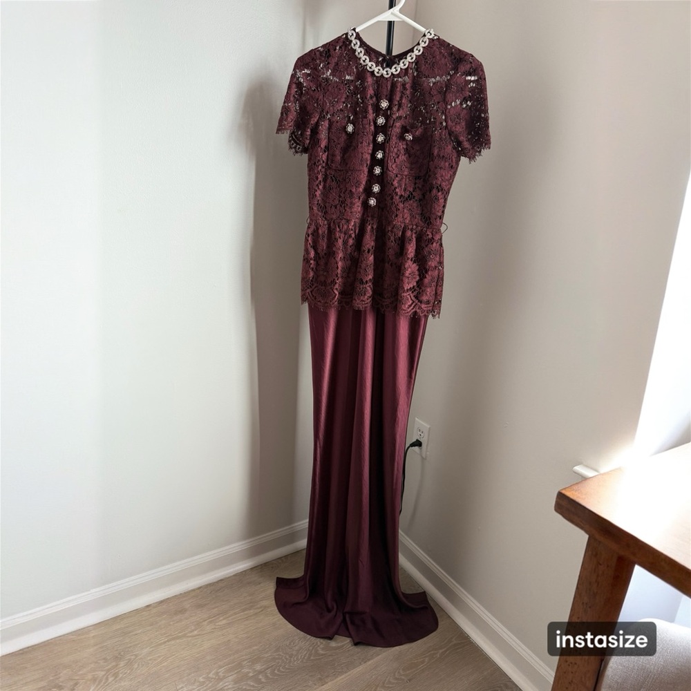 Self-Portrait Bordeaux Lace Satin Dress